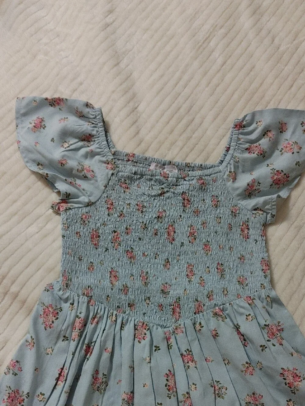 Girls' Blue Floral Smocked Casual Dress